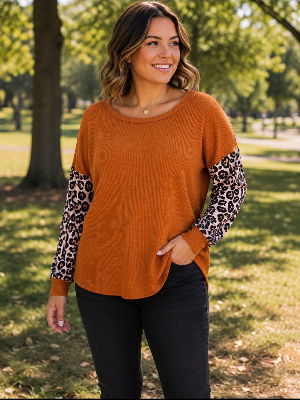 Tickled Teal long sleeve waffle top